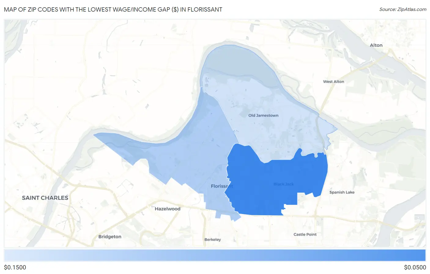 Zip Codes with the Lowest Wage/Income Gap ($) in Florissant Map