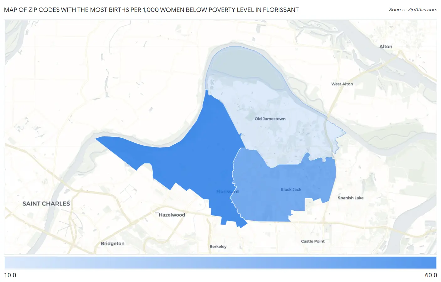 Zip Codes with the Most Births per 1,000 Women Below Poverty Level in Florissant Map