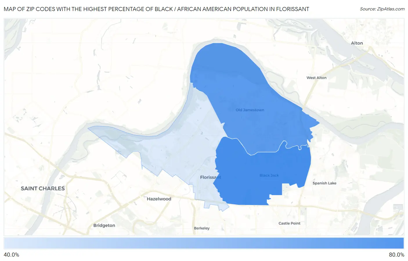 Zip Codes with the Highest Percentage of Black / African American Population in Florissant Map