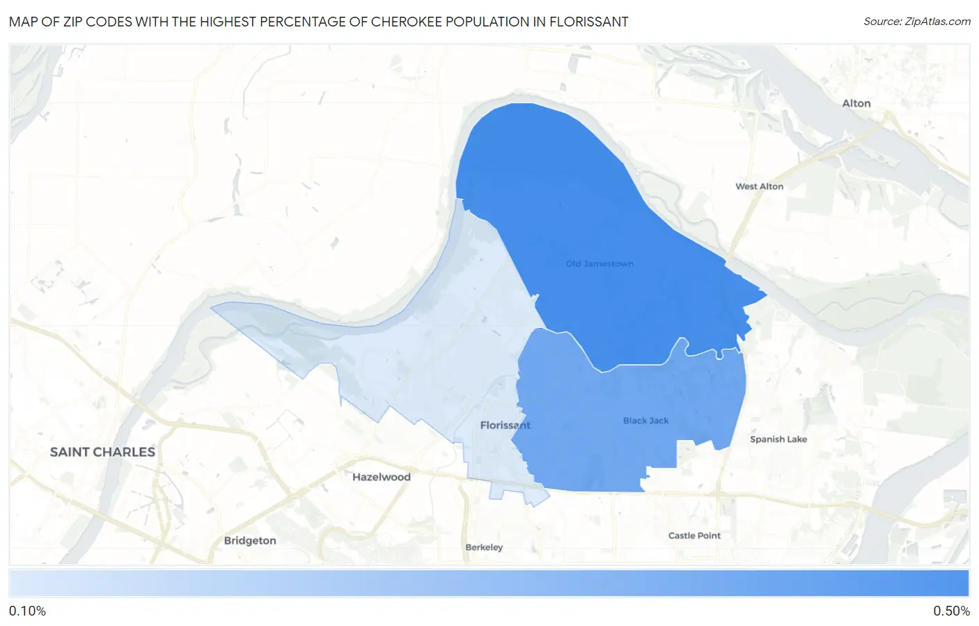 Zip Codes with the Highest Percentage of Cherokee Population in Florissant Map