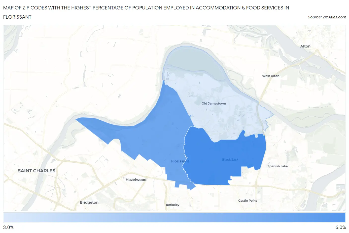 Zip Codes with the Highest Percentage of Population Employed in Accommodation & Food Services in Florissant Map