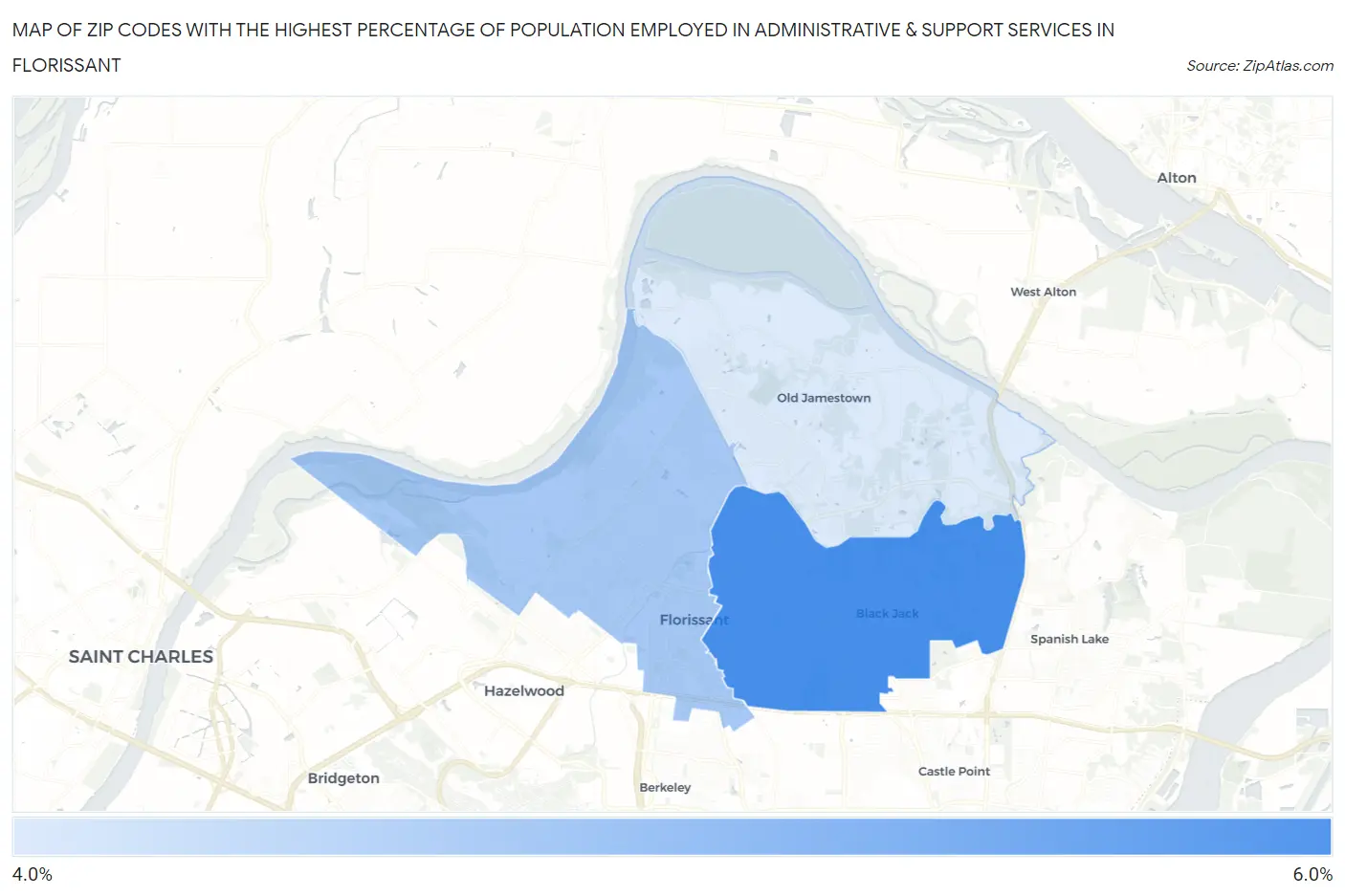 Zip Codes with the Highest Percentage of Population Employed in Administrative & Support Services in Florissant Map