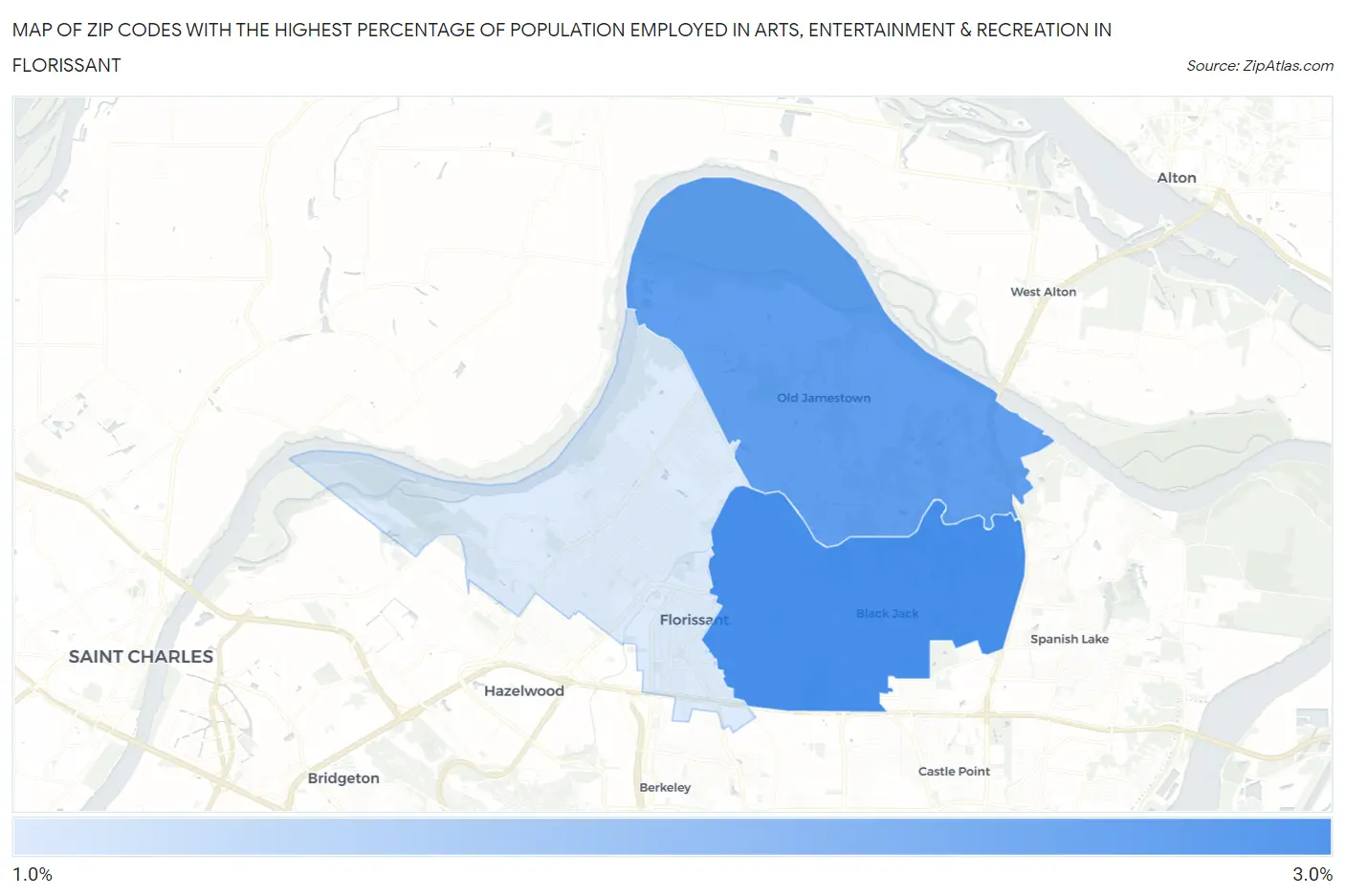 Zip Codes with the Highest Percentage of Population Employed in Arts, Entertainment & Recreation in Florissant Map