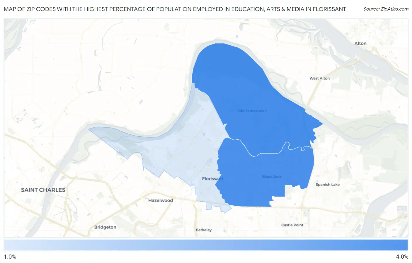 Zip Codes with the Highest Percentage of Population Employed in Education, Arts & Media in Florissant Map