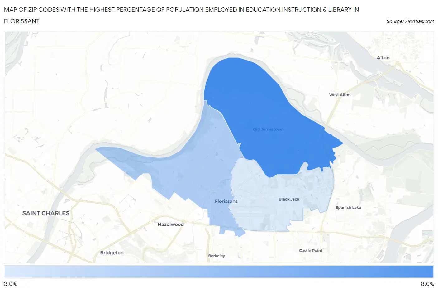 Zip Codes with the Highest Percentage of Population Employed in Education Instruction & Library in Florissant Map