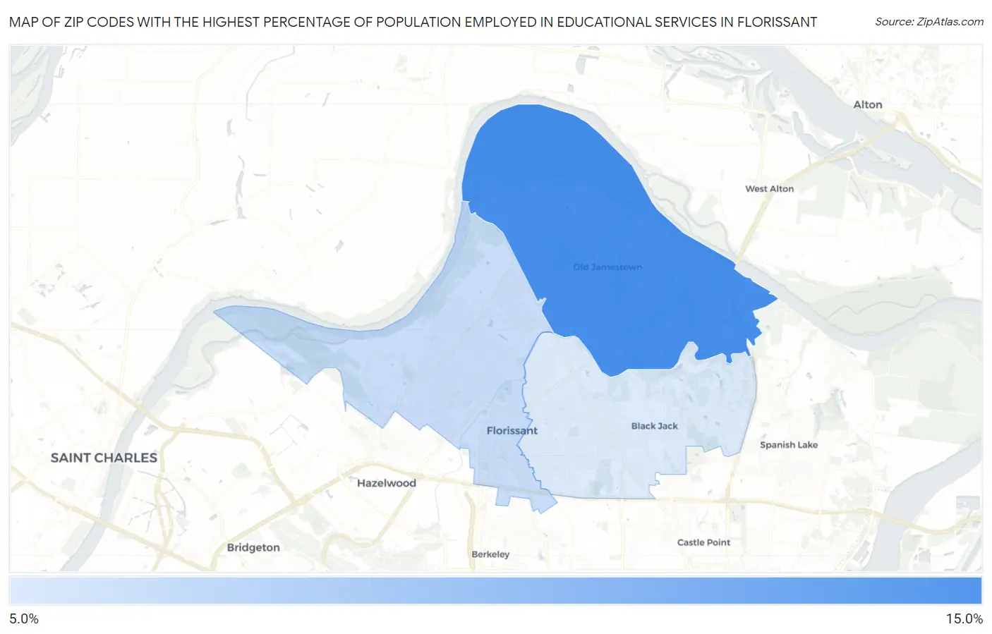 Zip Codes with the Highest Percentage of Population Employed in Educational Services in Florissant Map