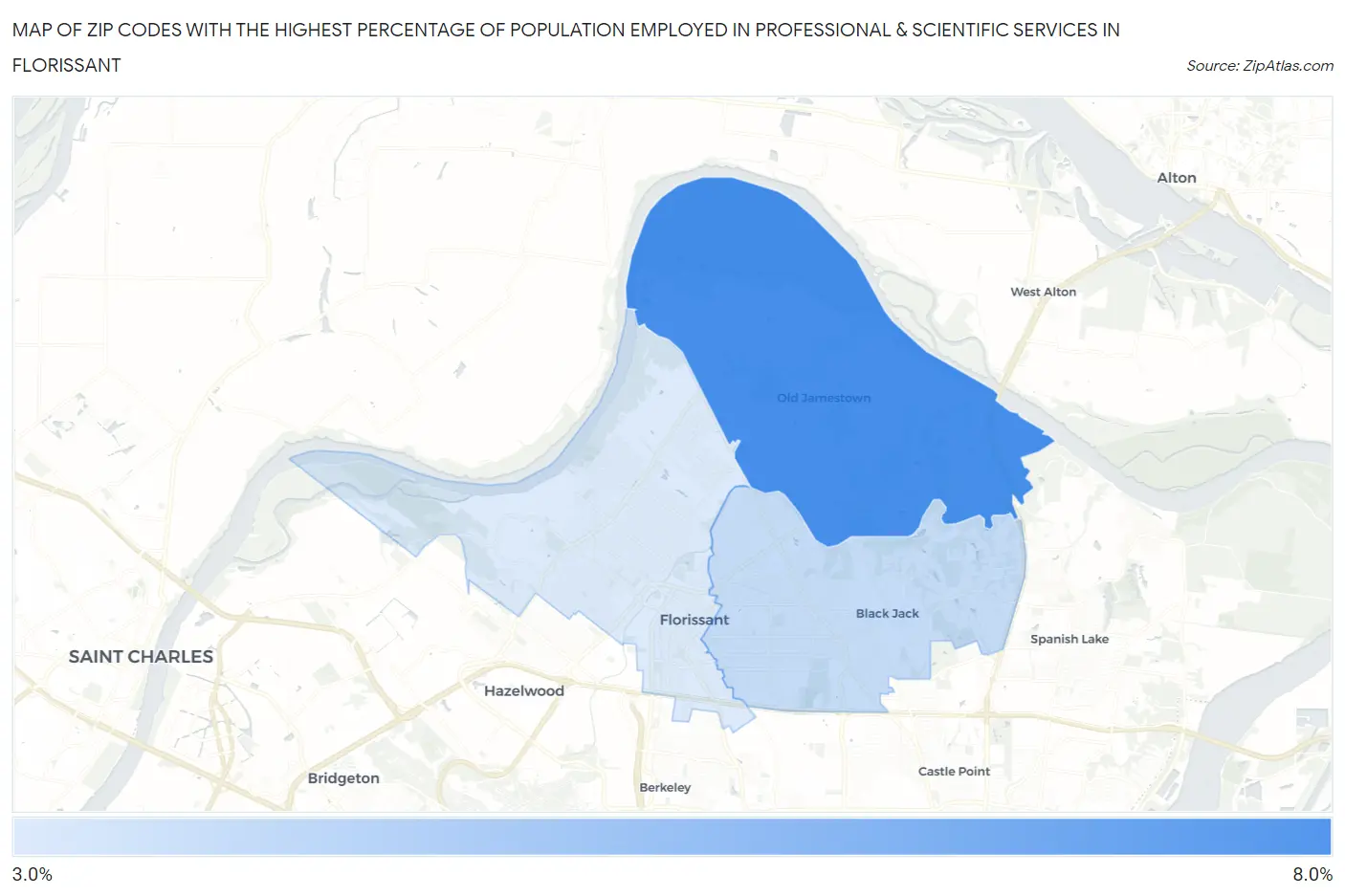 Zip Codes with the Highest Percentage of Population Employed in Professional & Scientific Services in Florissant Map