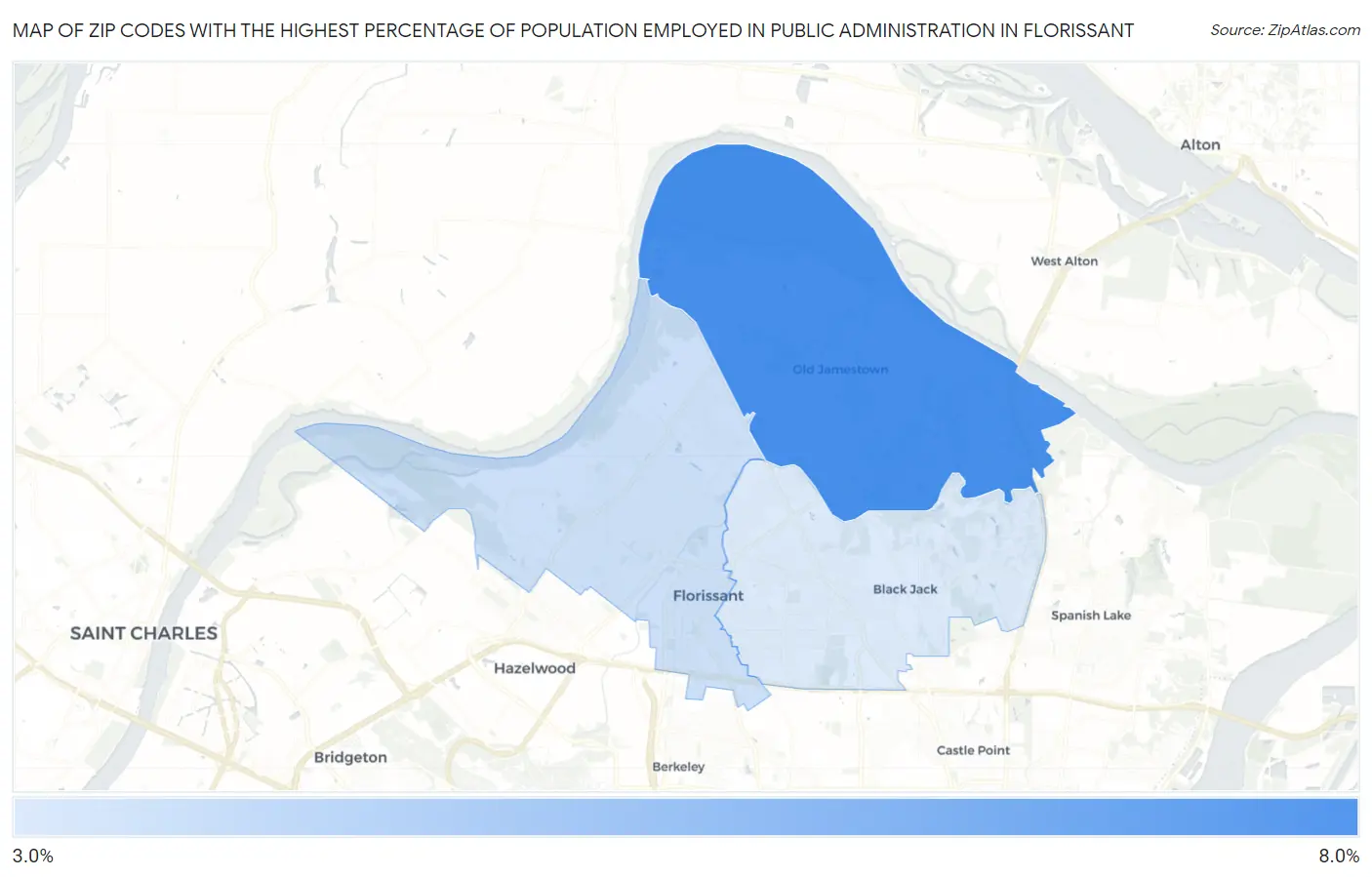Zip Codes with the Highest Percentage of Population Employed in Public Administration in Florissant Map