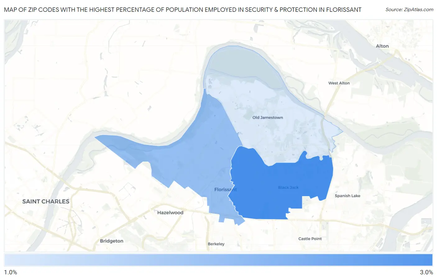 Zip Codes with the Highest Percentage of Population Employed in Security & Protection in Florissant Map