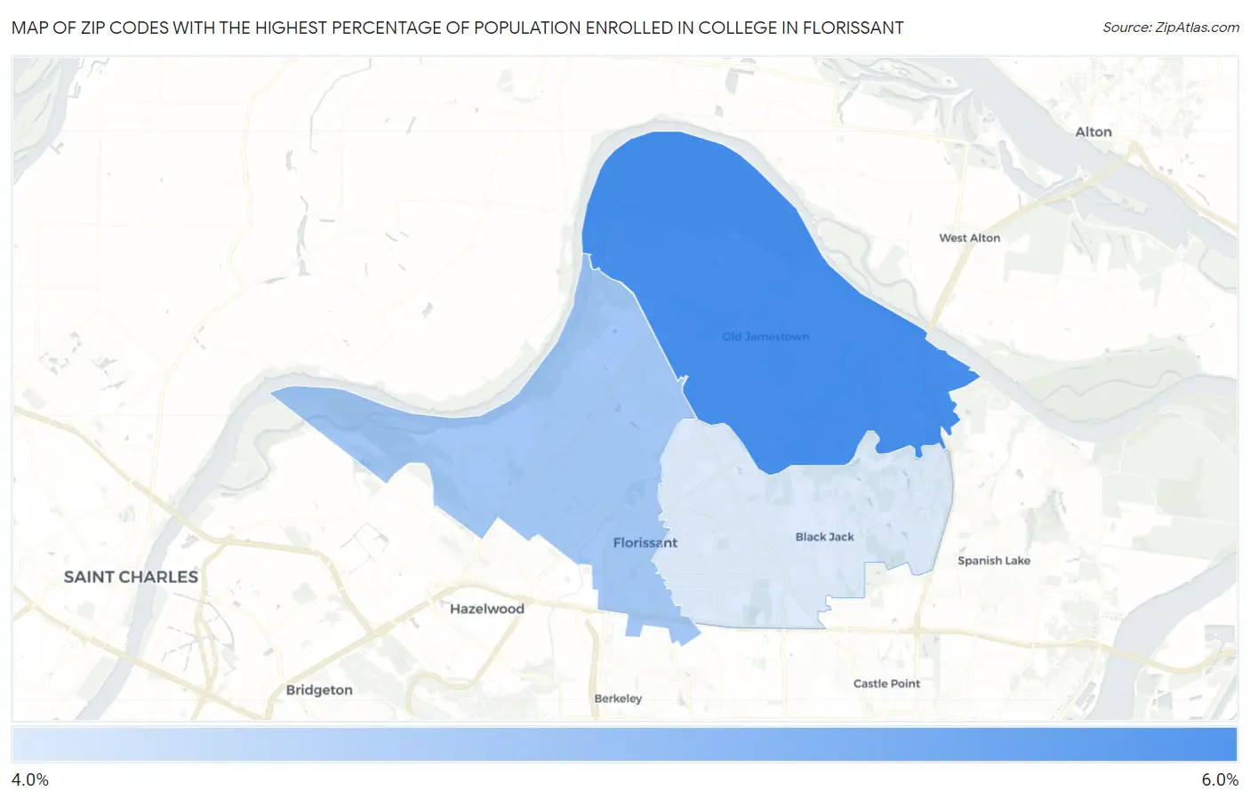 Zip Codes with the Highest Percentage of Population Enrolled in College in Florissant Map