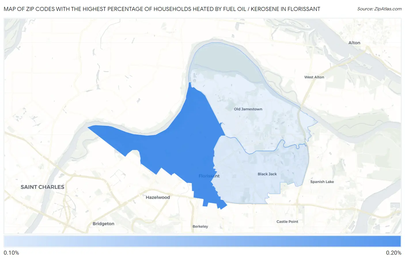 Zip Codes with the Highest Percentage of Households Heated by Fuel Oil / Kerosene in Florissant Map