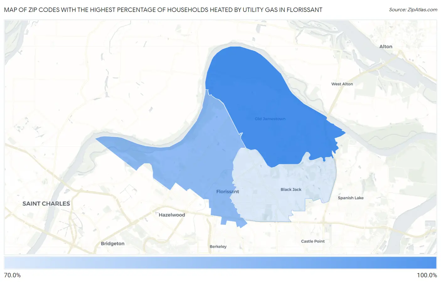 Zip Codes with the Highest Percentage of Households Heated by Utility Gas in Florissant Map