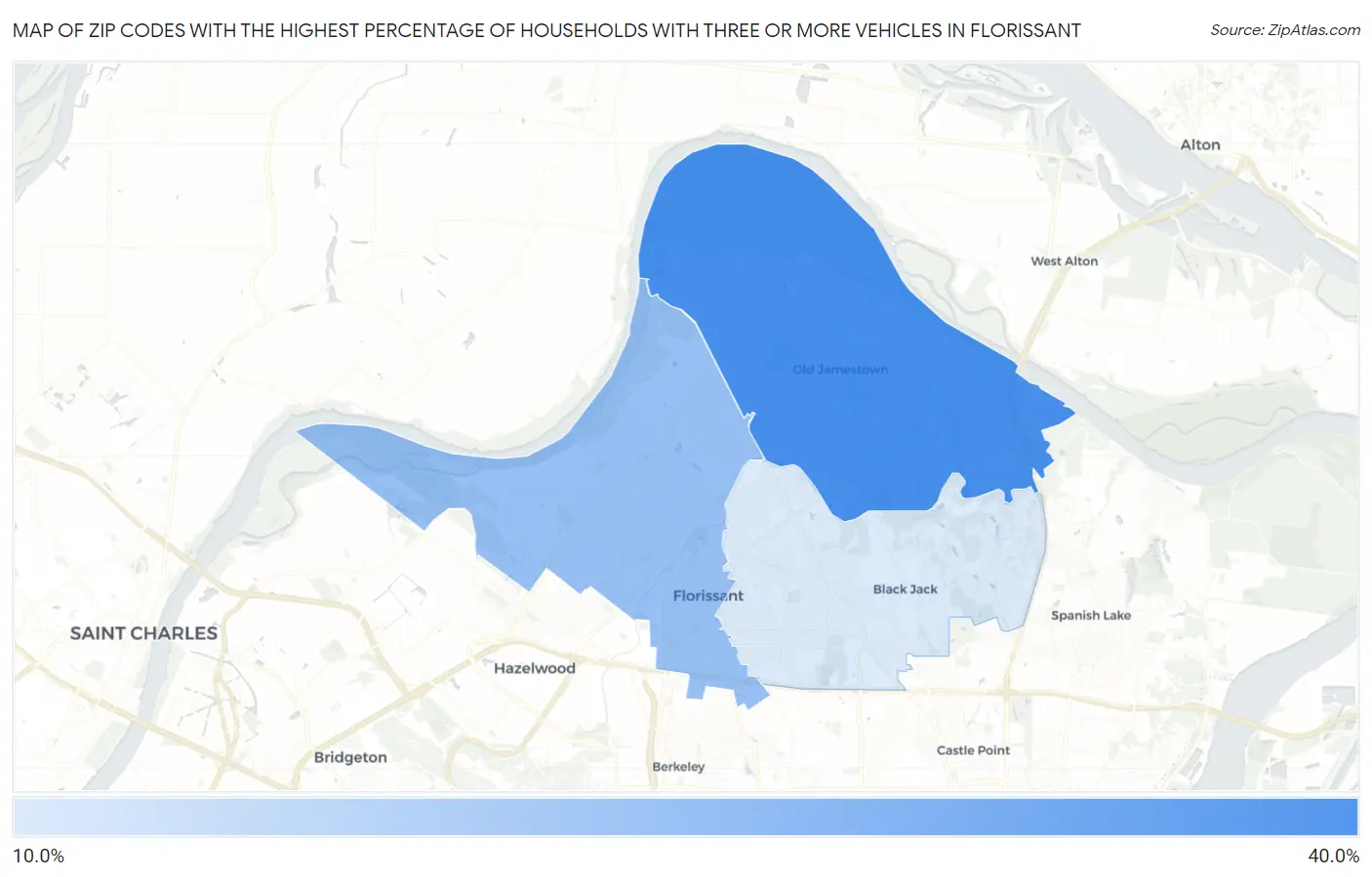 Zip Codes with the Highest Percentage of Households With Three or more Vehicles in Florissant Map