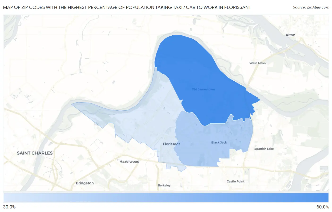 Zip Codes with the Highest Percentage of Population Taking Taxi / Cab to Work in Florissant Map