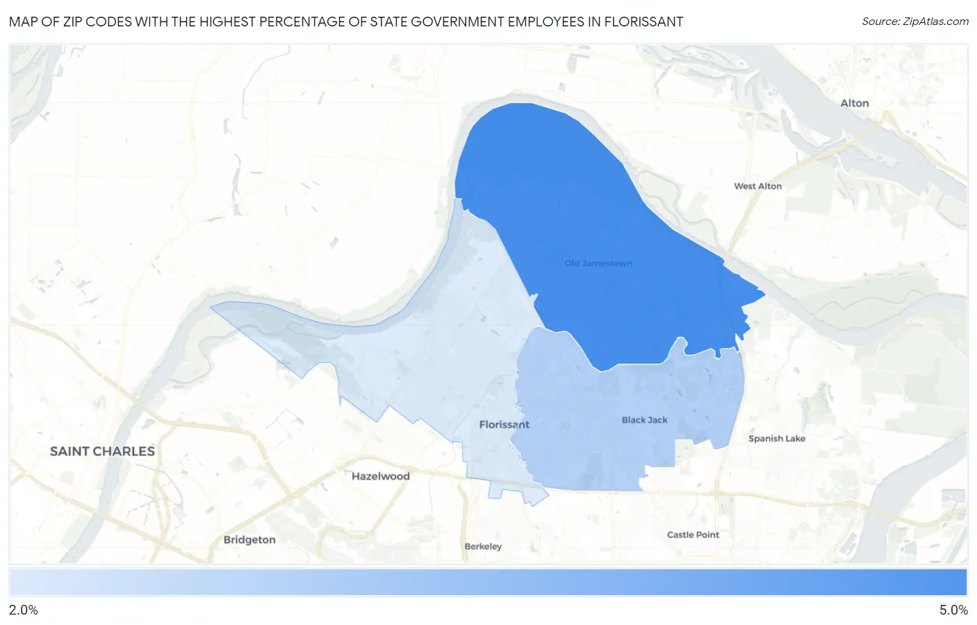 Zip Codes with the Highest Percentage of State Government Employees in Florissant Map