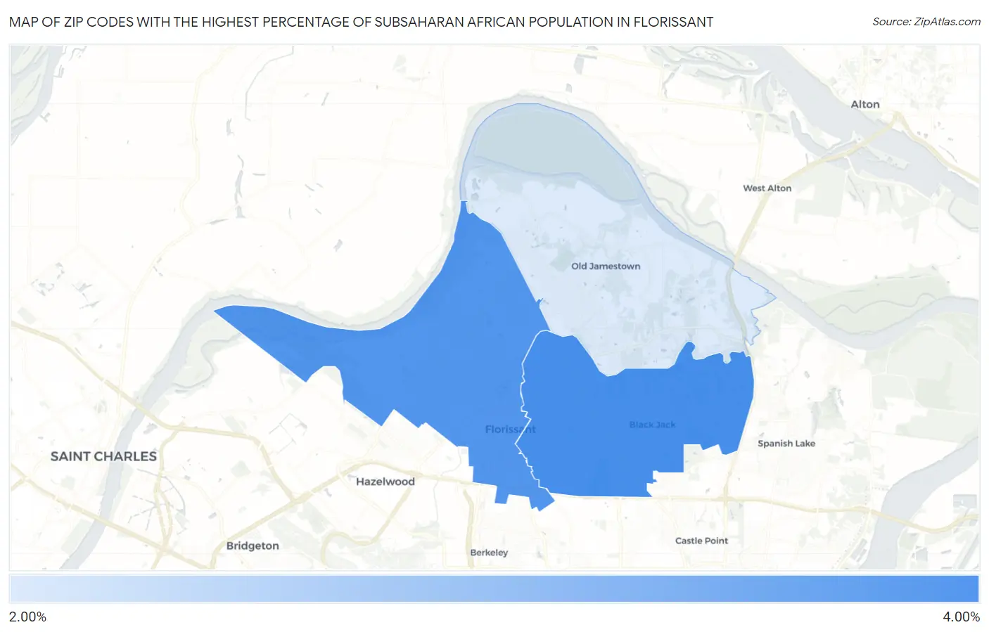 Zip Codes with the Highest Percentage of Subsaharan African Population in Florissant Map
