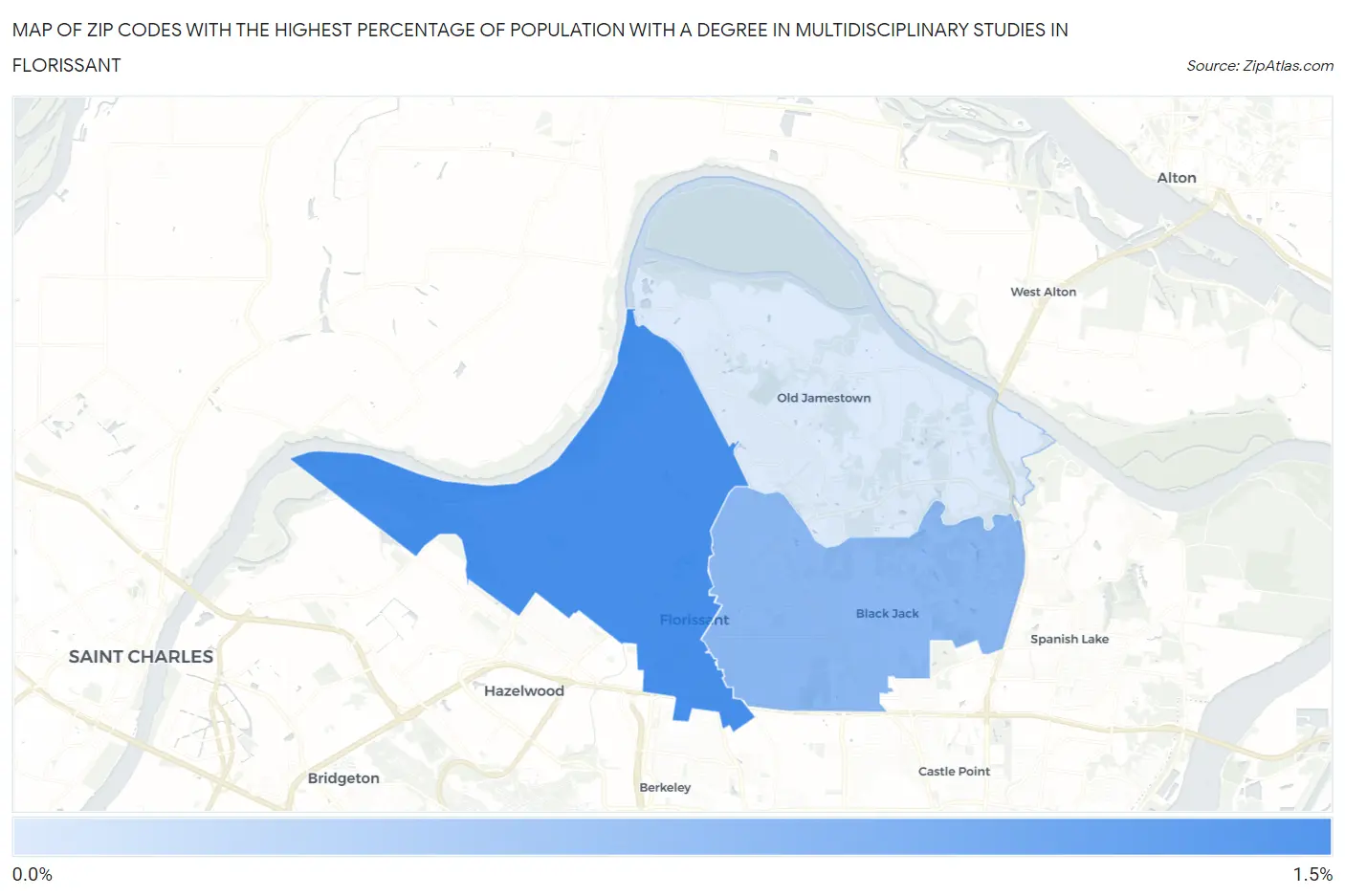 Zip Codes with the Highest Percentage of Population with a Degree in Multidisciplinary Studies in Florissant Map