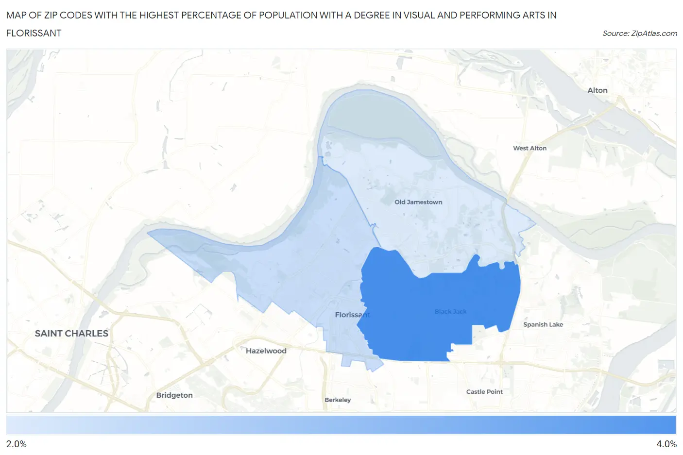 Zip Codes with the Highest Percentage of Population with a Degree in Visual and Performing Arts in Florissant Map