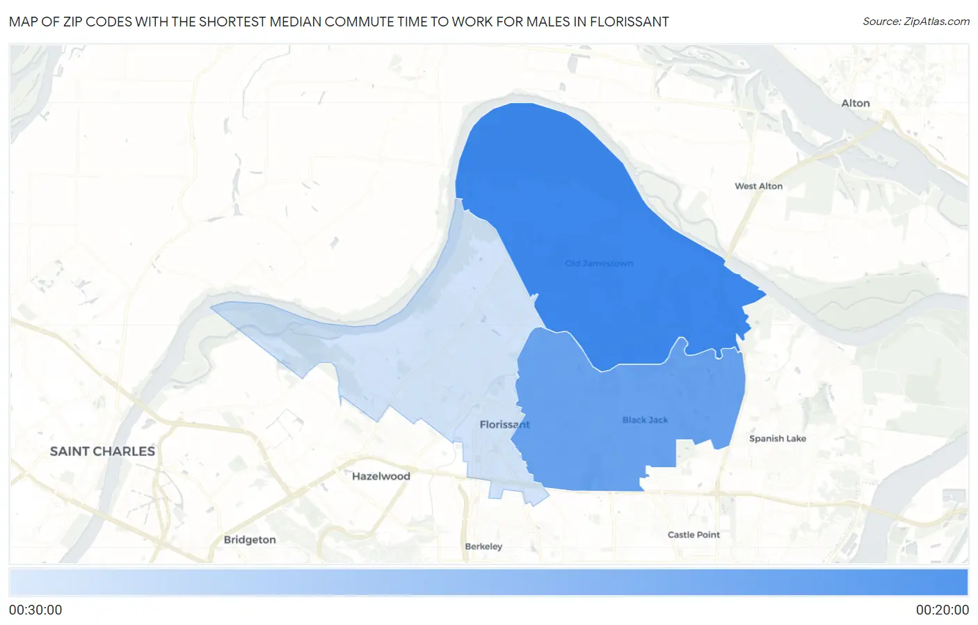 Zip Codes with the Shortest Median Commute Time to Work for Males in Florissant Map