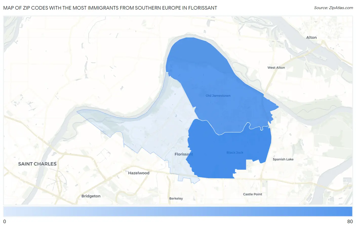 Zip Codes with the Most Immigrants from Southern Europe in Florissant Map
