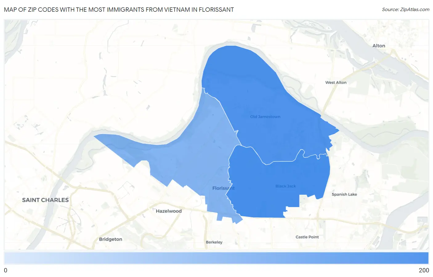 Zip Codes with the Most Immigrants from Vietnam in Florissant Map
