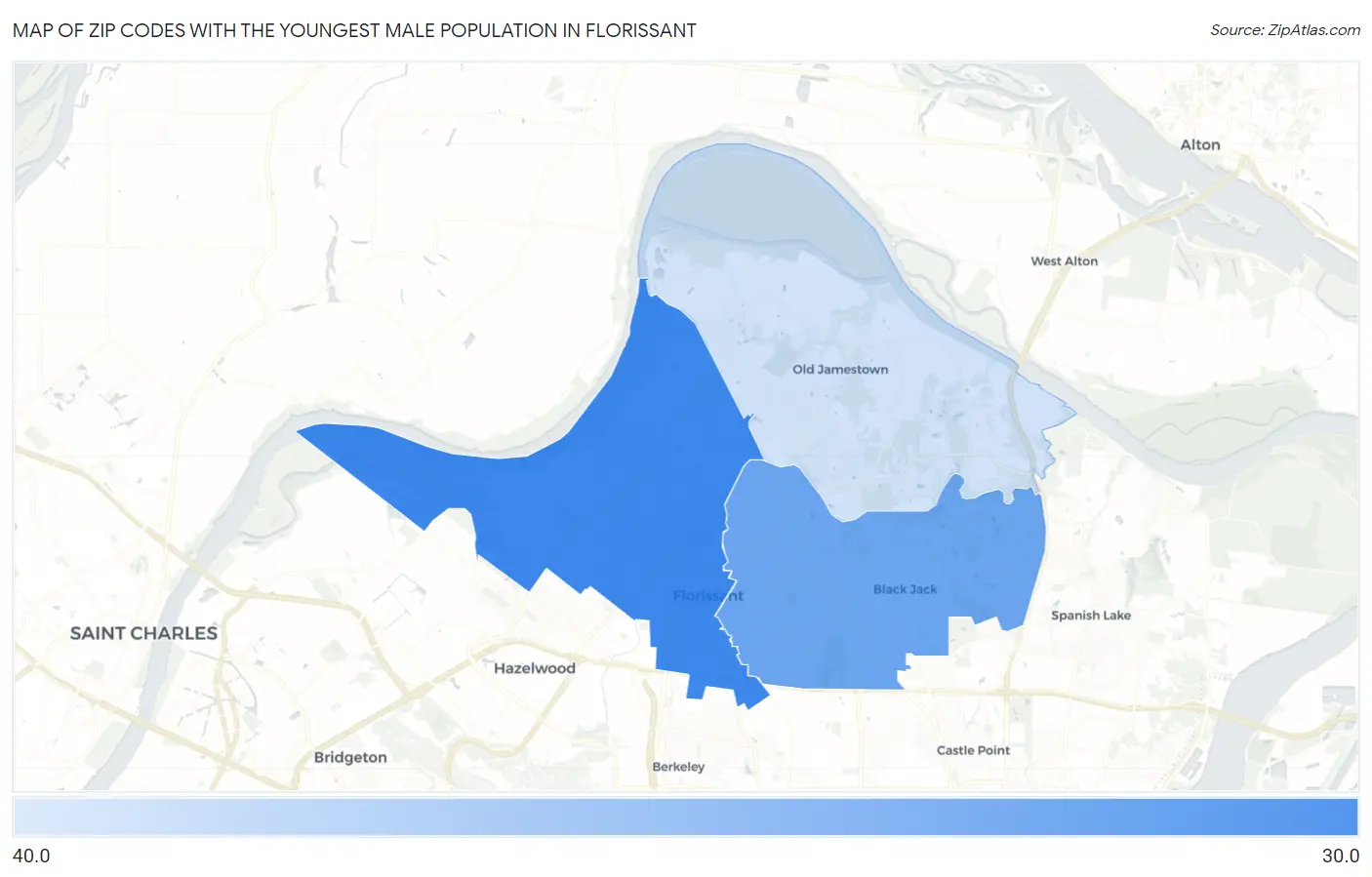 Zip Codes with the Youngest Male Population in Florissant Map