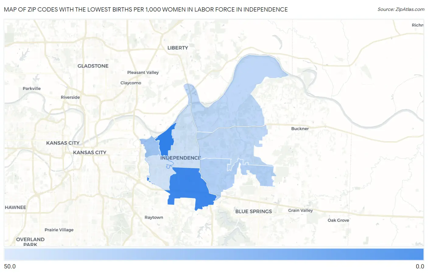 Zip Codes with the Lowest Births per 1,000 Women in Labor Force in Independence Map