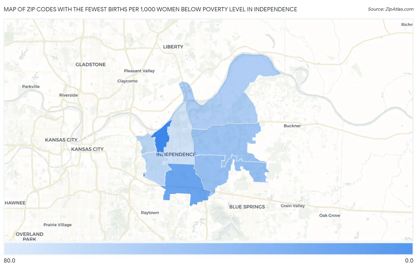 Zip Codes with the Fewest Births per 1,000 Women Below Poverty Level in Independence Map