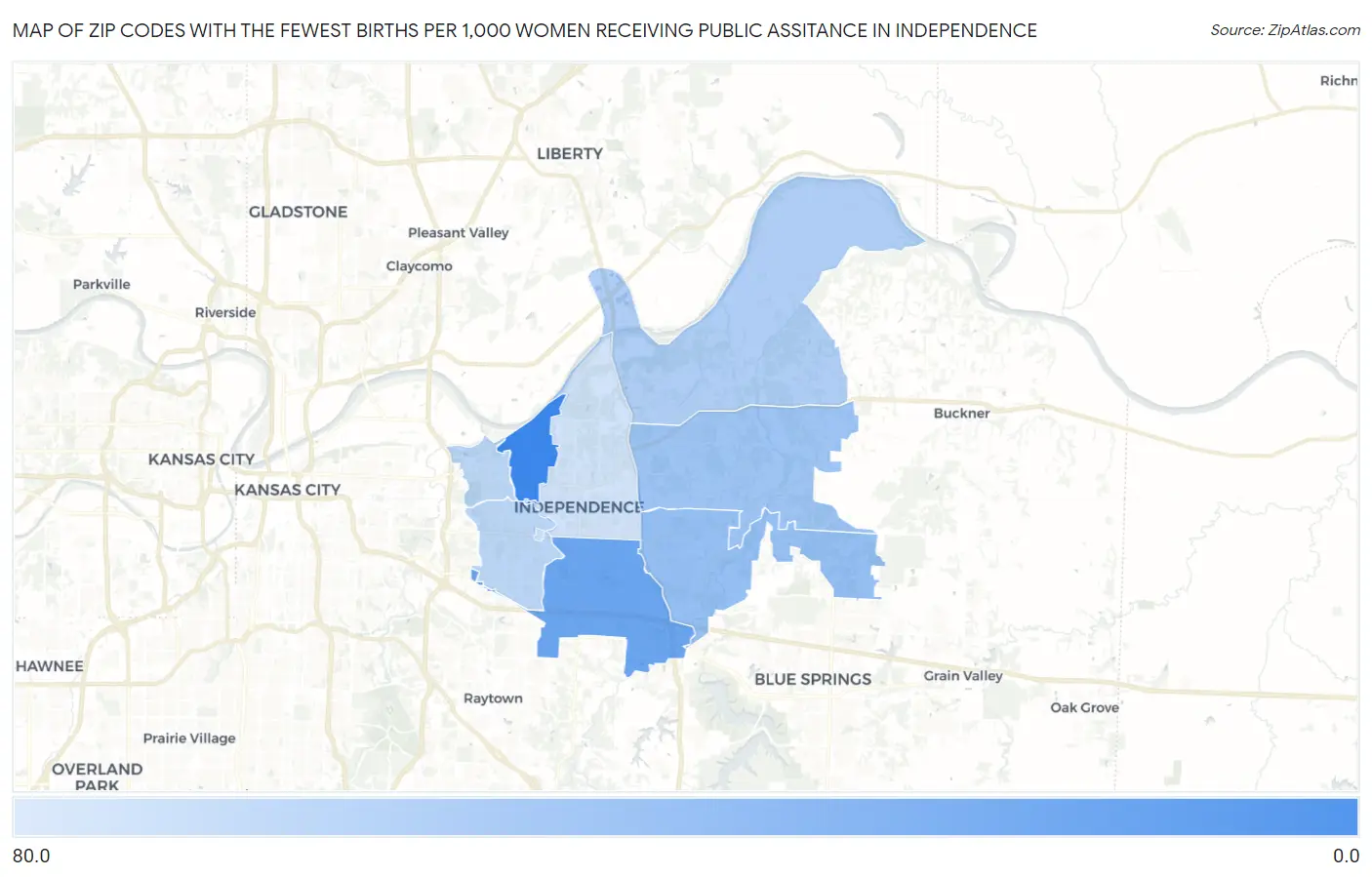 Zip Codes with the Fewest Births per 1,000 Women Receiving Public Assitance in Independence Map