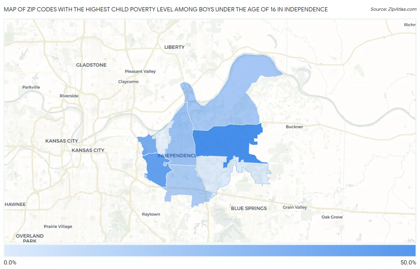 Zip Codes with the Highest Child Poverty Level Among Boys Under the Age of 16 in Independence Map