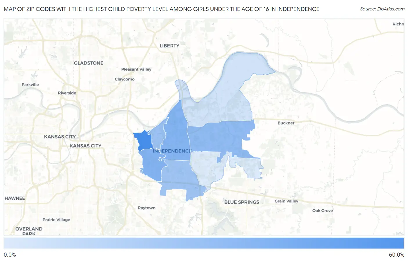 Zip Codes with the Highest Child Poverty Level Among Girls Under the Age of 16 in Independence Map