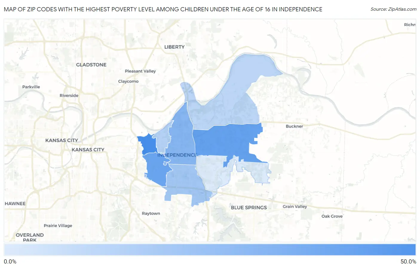 Zip Codes with the Highest Poverty Level Among Children Under the Age of 16 in Independence Map
