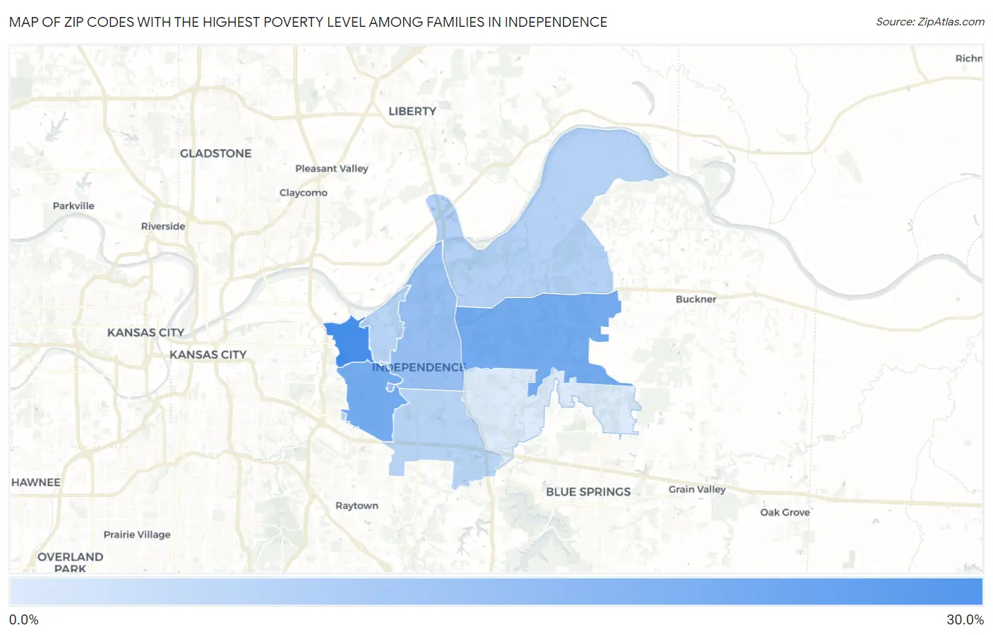 Zip Codes with the Highest Poverty Level Among Families in Independence Map