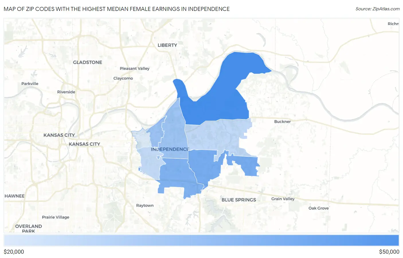 Zip Codes with the Highest Median Female Earnings in Independence Map