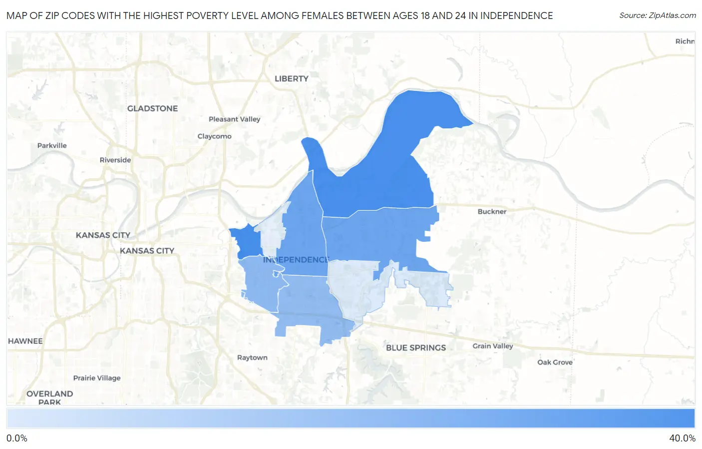 Zip Codes with the Highest Poverty Level Among Females Between Ages 18 and 24 in Independence Map