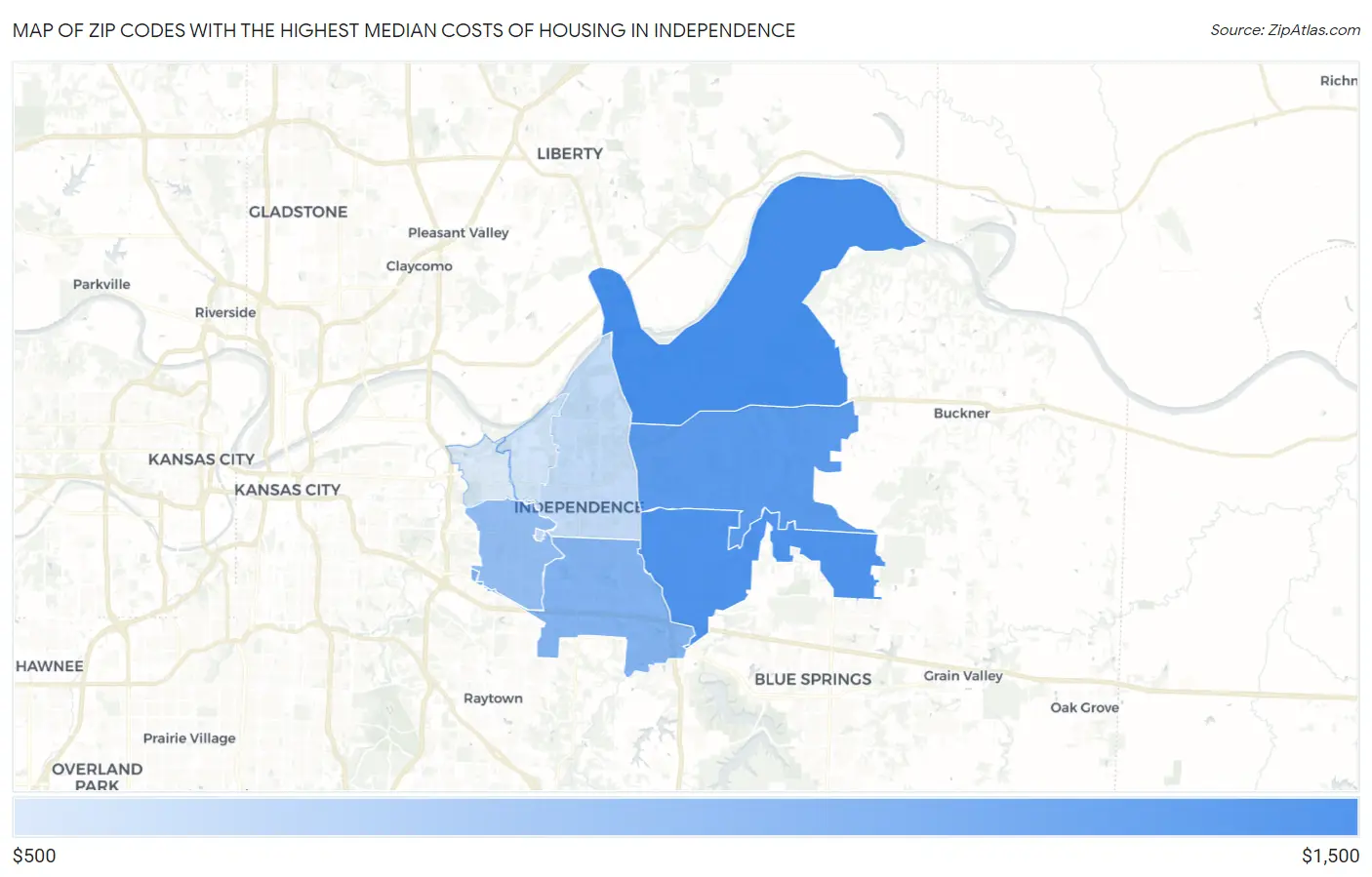Zip Codes with the Highest Median Costs of Housing in Independence Map