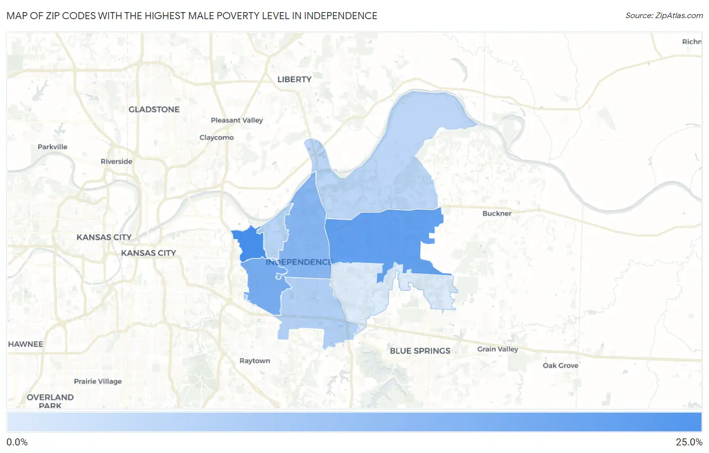 Zip Codes with the Highest Male Poverty Level in Independence Map
