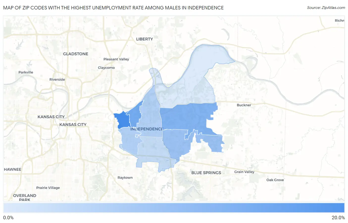 Zip Codes with the Highest Unemployment Rate Among Males in Independence Map