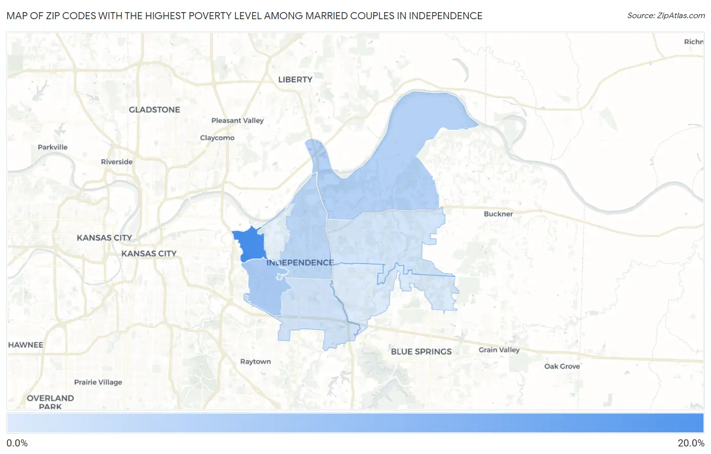 Zip Codes with the Highest Poverty Level Among Married Couples in Independence Map