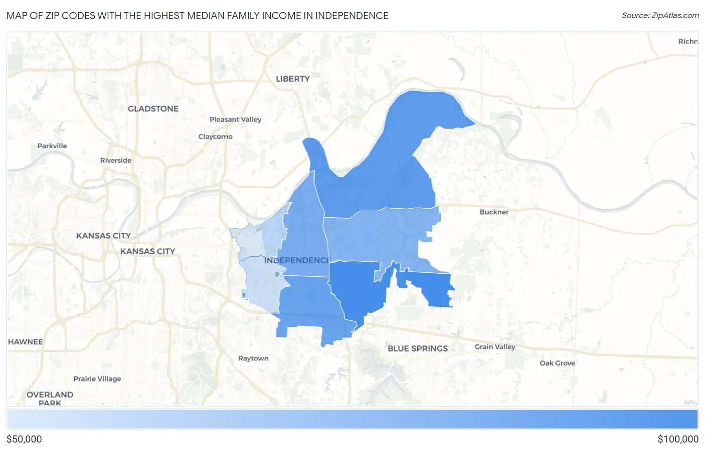 Zip Codes with the Highest Median Family Income in Independence Map