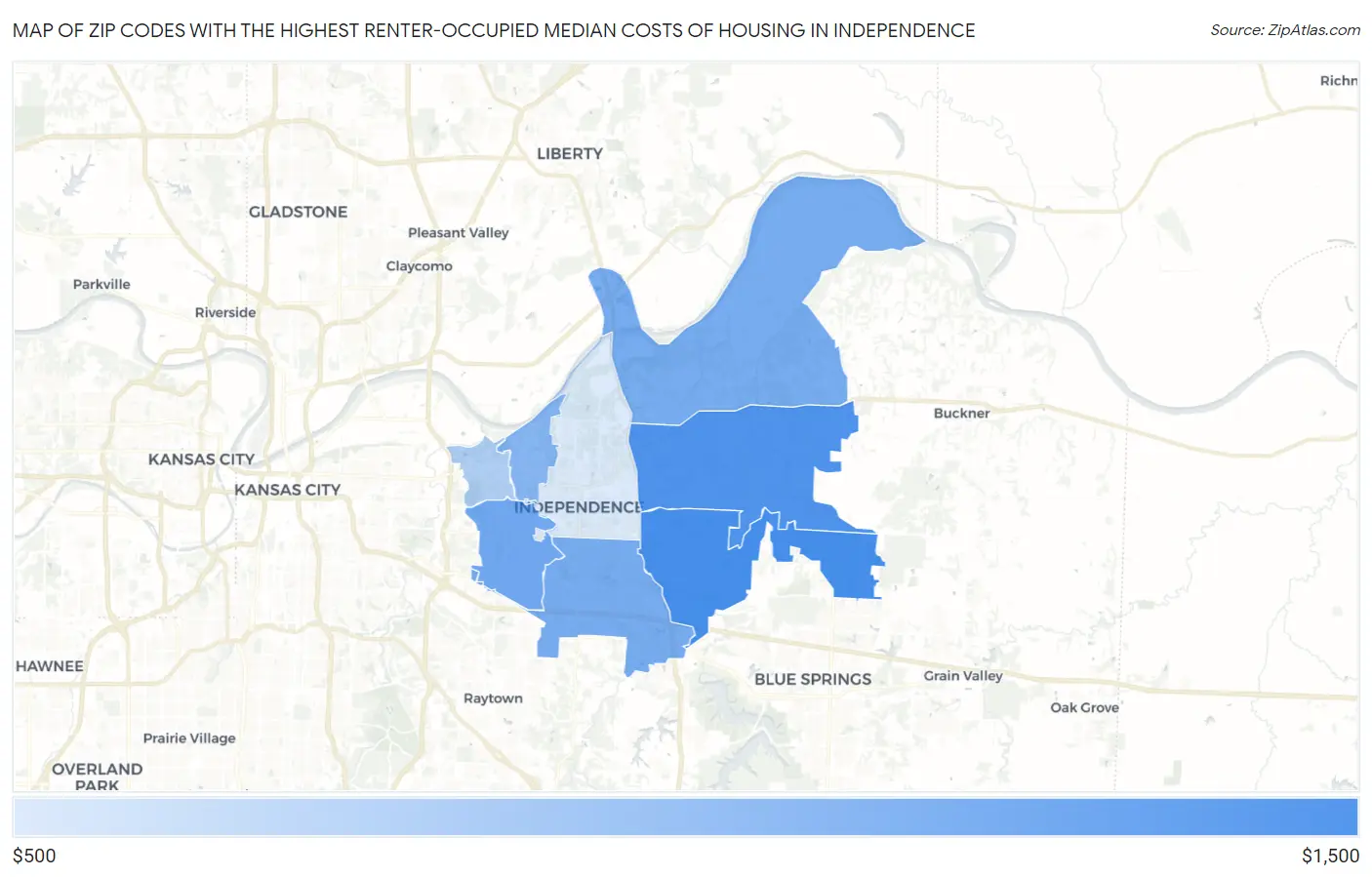 Zip Codes with the Highest Renter-Occupied Median Costs of Housing in Independence Map