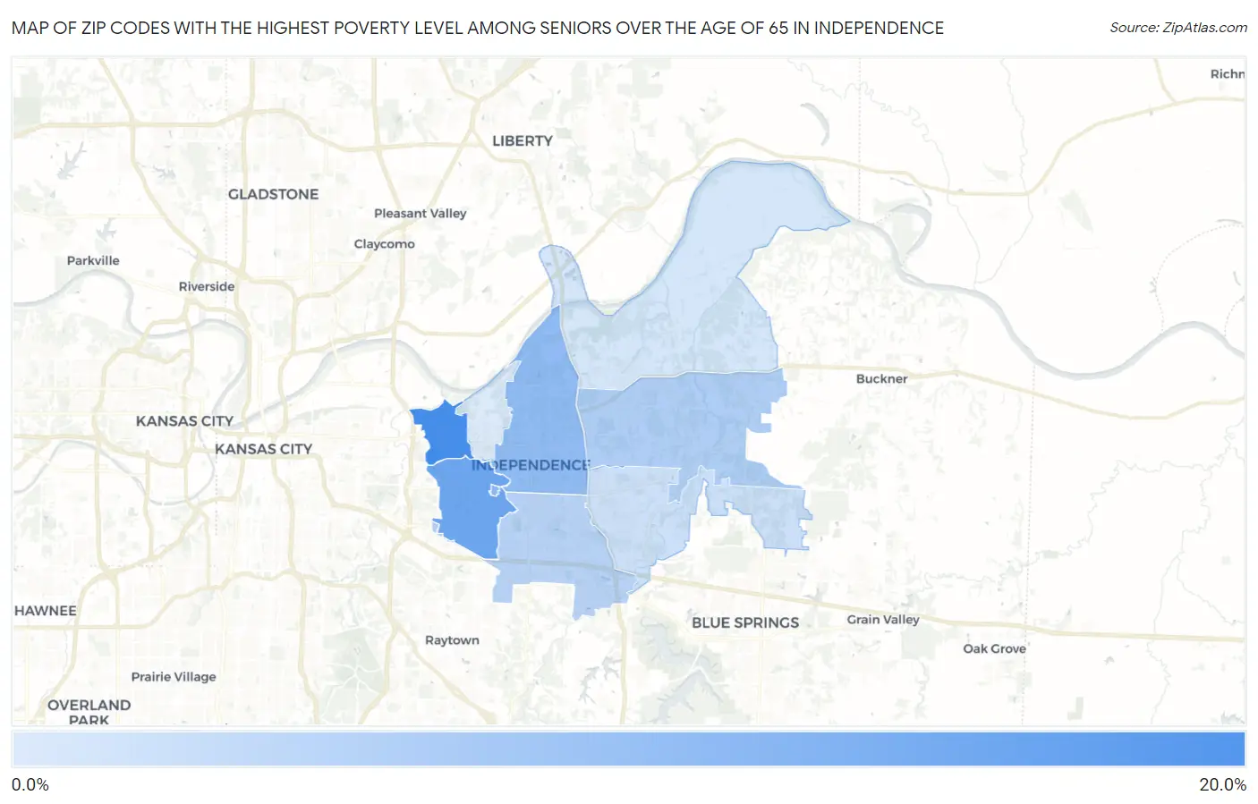 Zip Codes with the Highest Poverty Level Among Seniors Over the Age of 65 in Independence Map