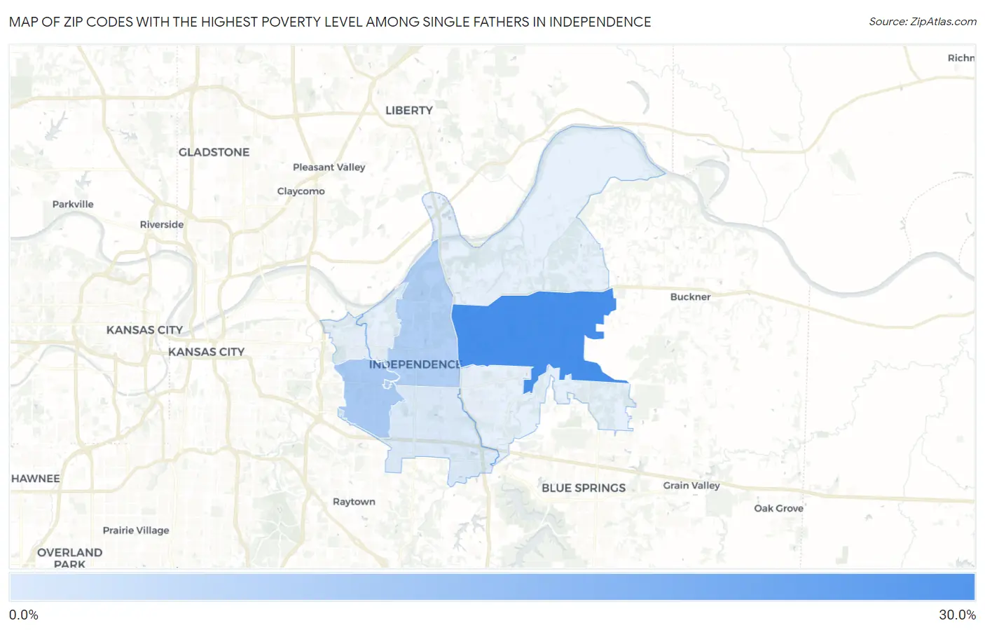 Zip Codes with the Highest Poverty Level Among Single Fathers in Independence Map