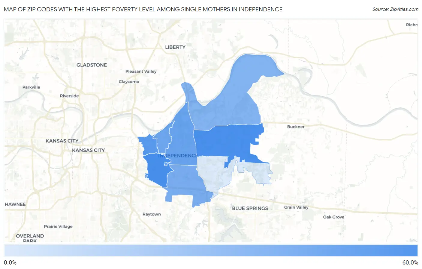 Zip Codes with the Highest Poverty Level Among Single Mothers in Independence Map