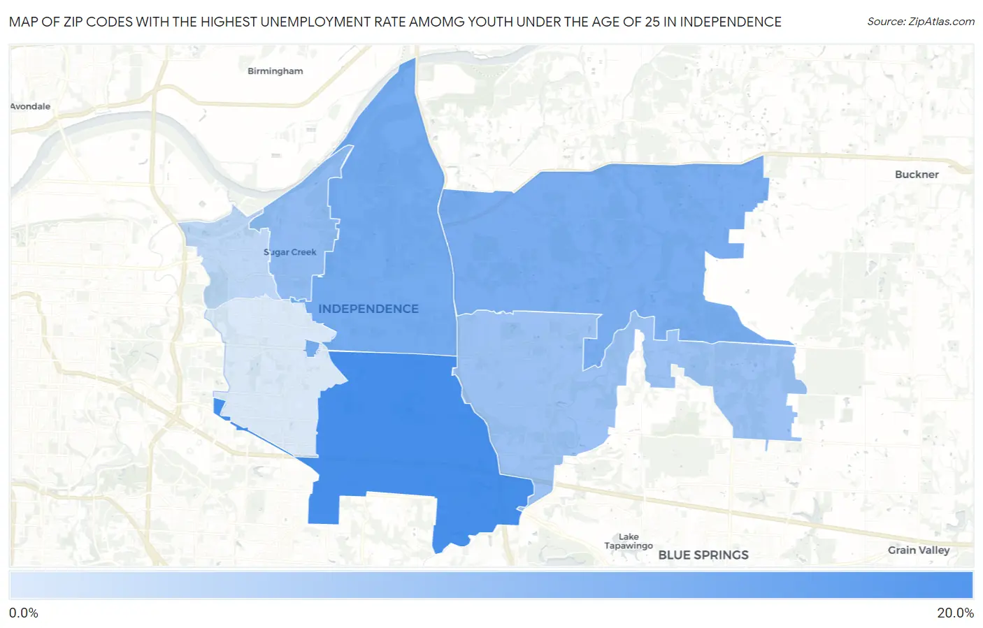 Zip Codes with the Highest Unemployment Rate Amomg Youth Under the Age of 25 in Independence Map