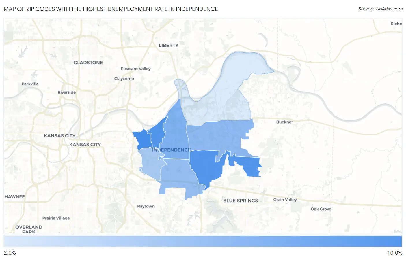 Zip Codes with the Highest Unemployment Rate in Independence Map