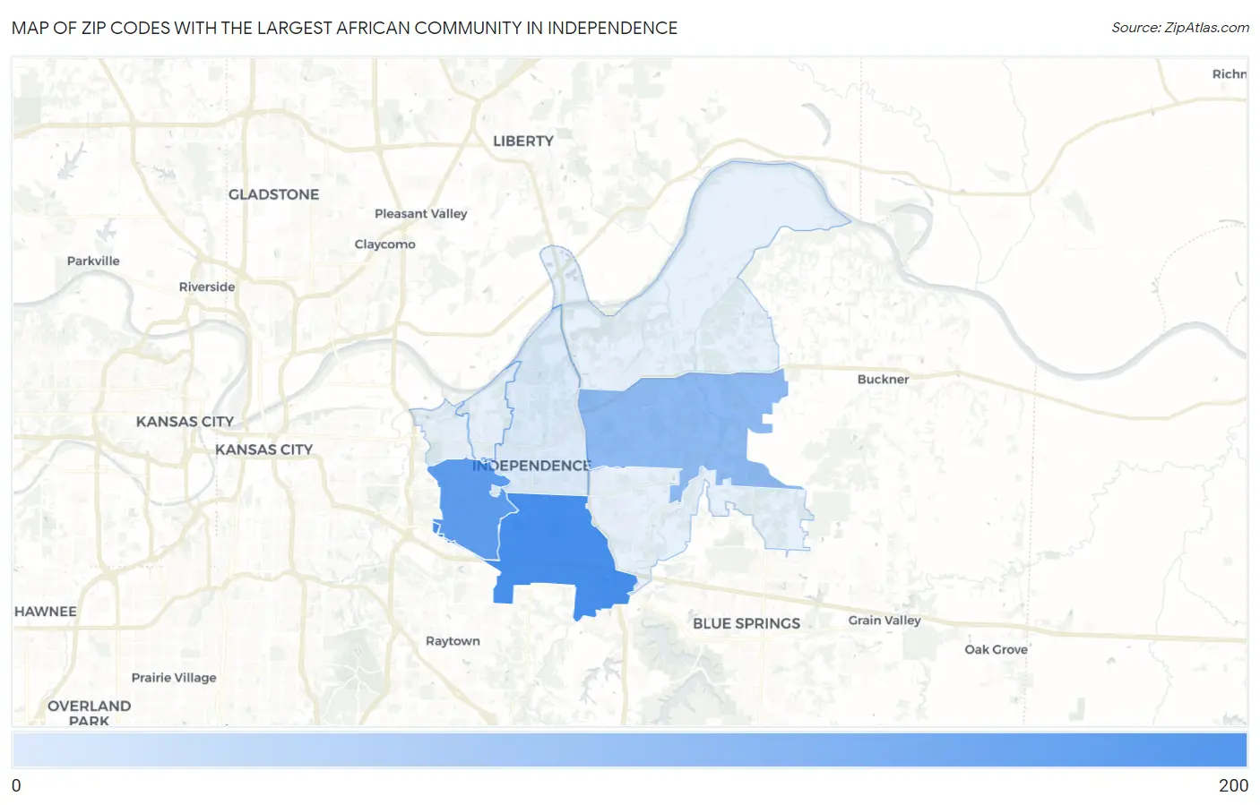 Zip Codes with the Largest African Community in Independence Map