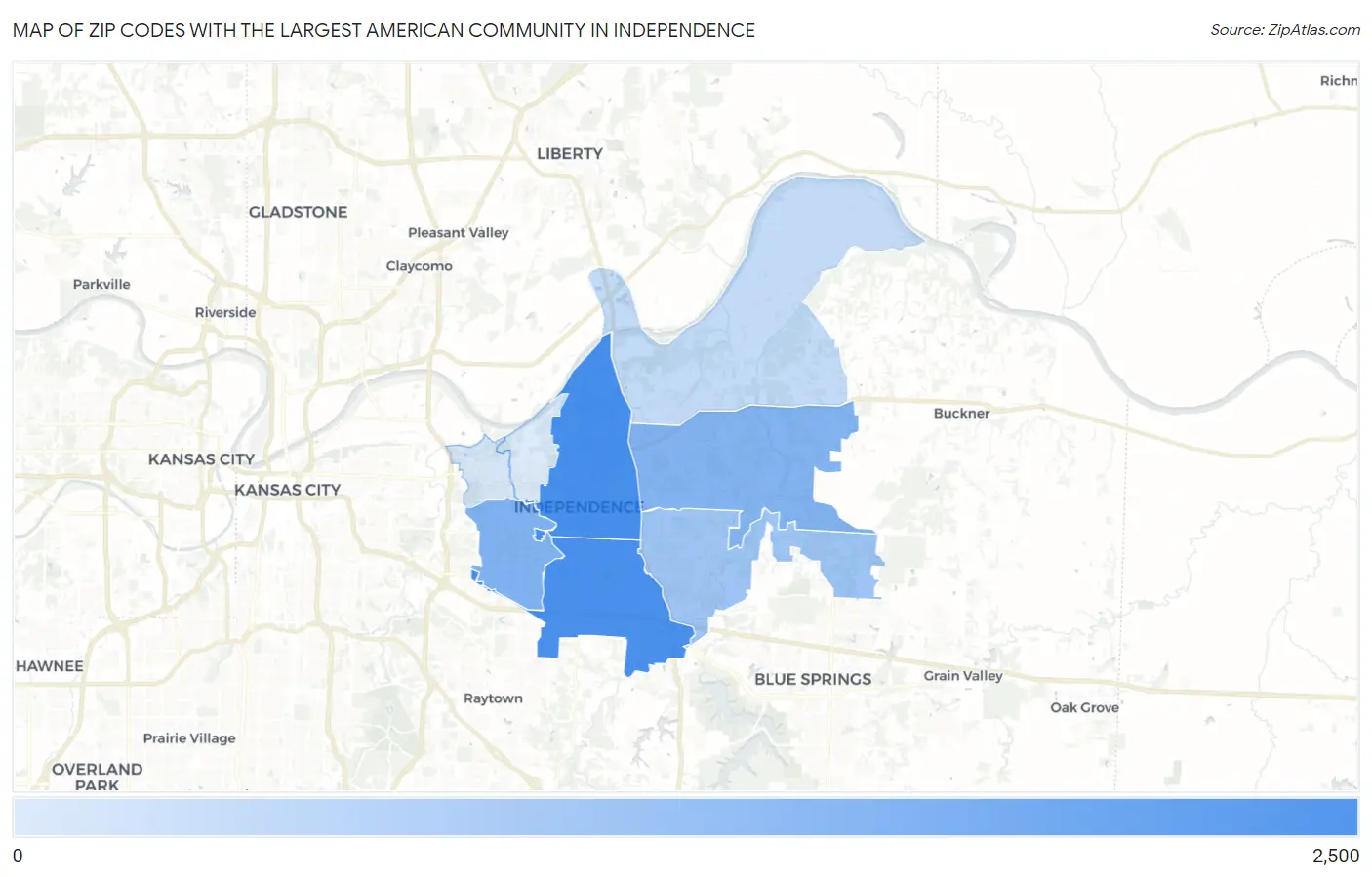 Zip Codes with the Largest American Community in Independence Map