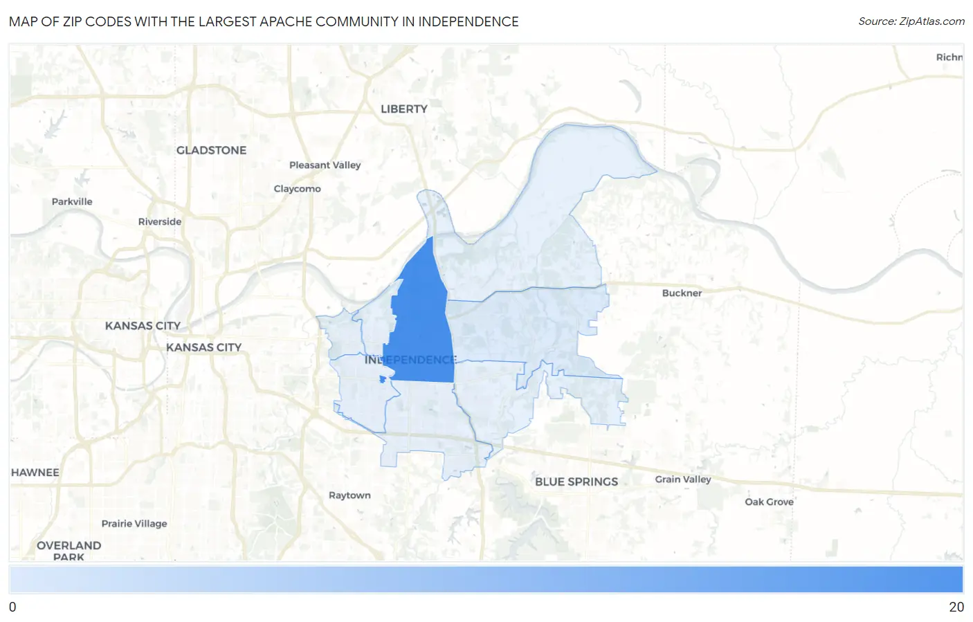 Zip Codes with the Largest Apache Community in Independence Map