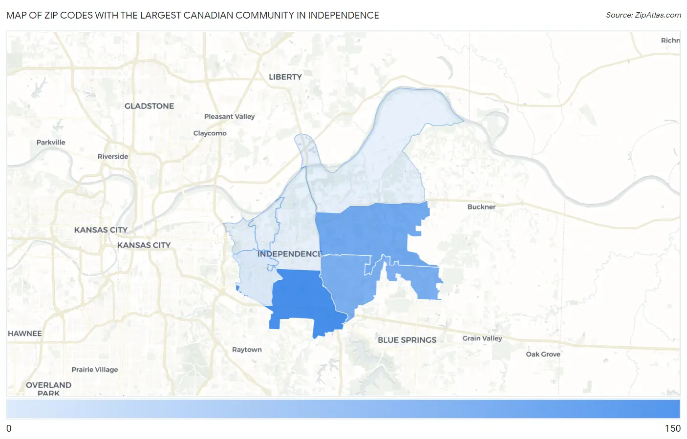 Zip Codes with the Largest Canadian Community in Independence Map